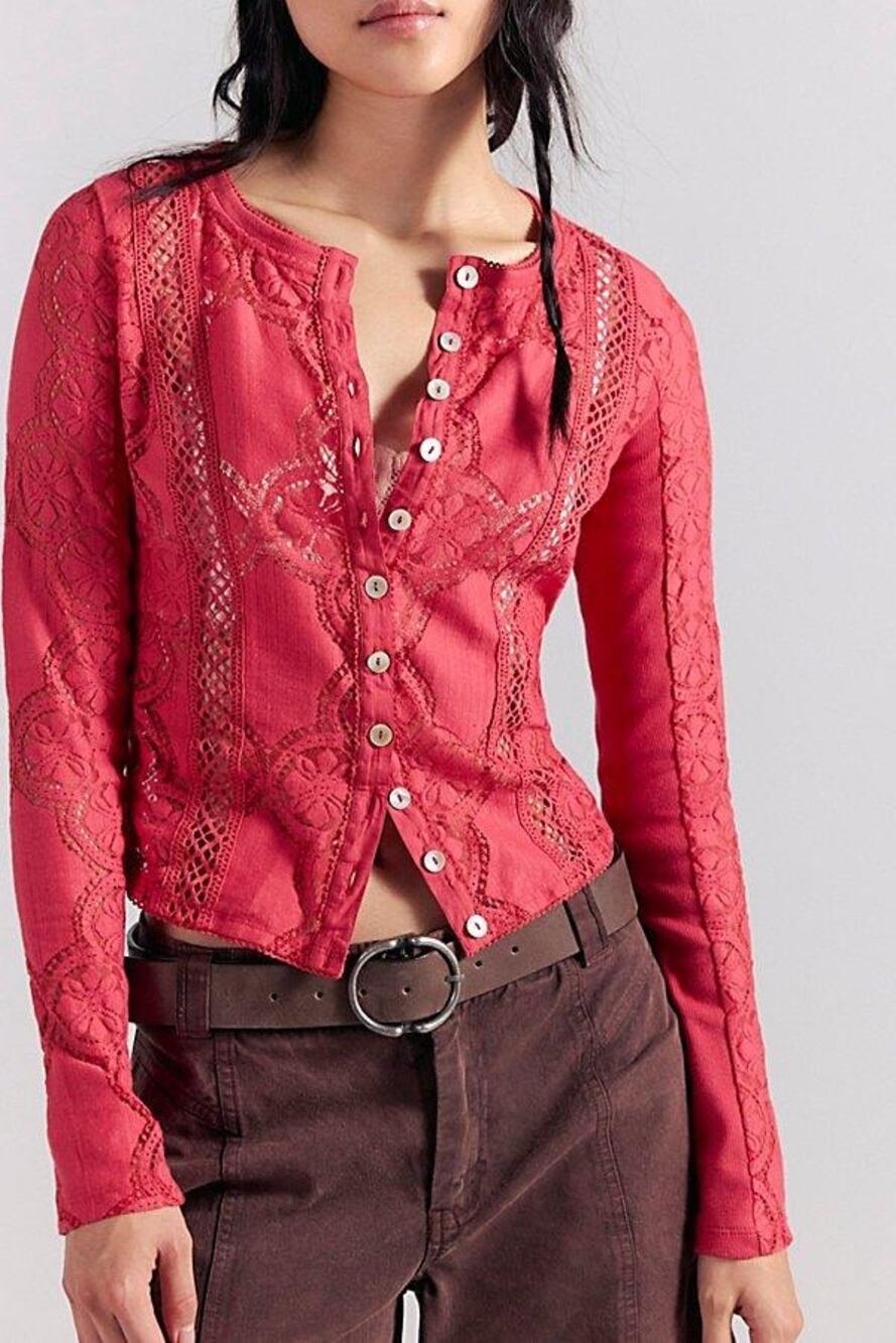 NWT Free people Women's Red Jae Sheer Lace Knit long sleeve top